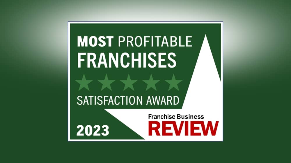 Franchise Business Review 2023 Most Profitable Franchises award badge on a green background.