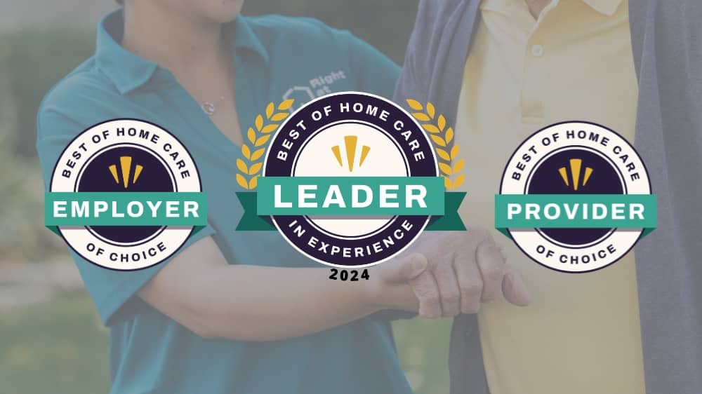 Three 2024 Best of Home Care Award badges over a photo of a Right at Home caregiver holding a clients hand.