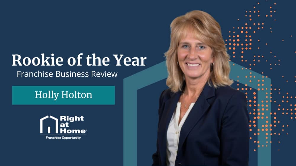 A photo of Right at Home franchsiee Holly Holton next to a Franchise Business Review Rookie of the Year Award badge