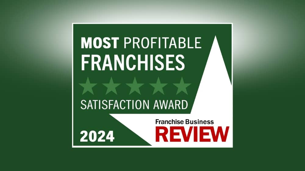 Franchise Business Review 2024 Most Profitable Franchises award badge on a green background.