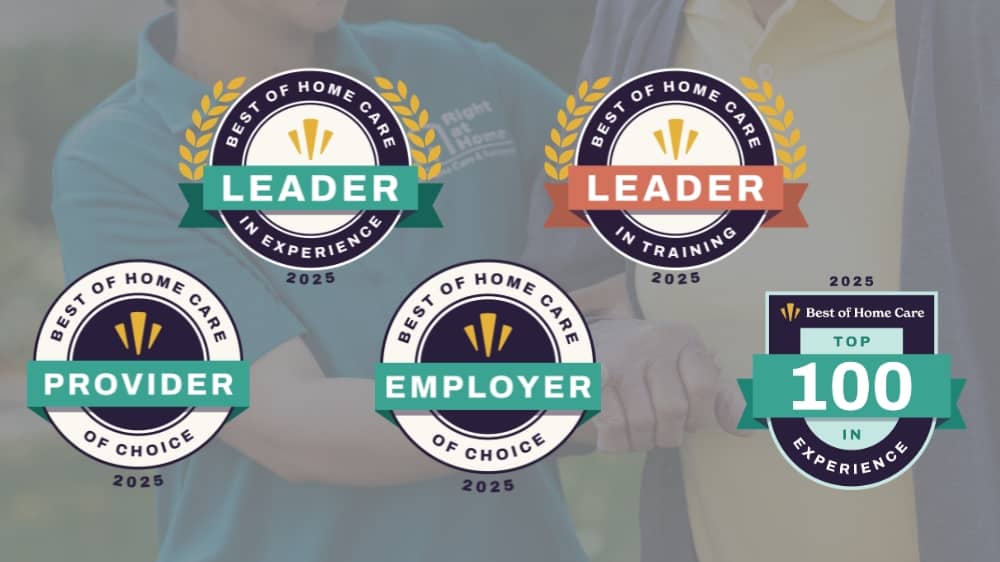 Female Right at Home caregiver holding the hand of a senior male client with 2025 Best of Home Care award badges over the photo