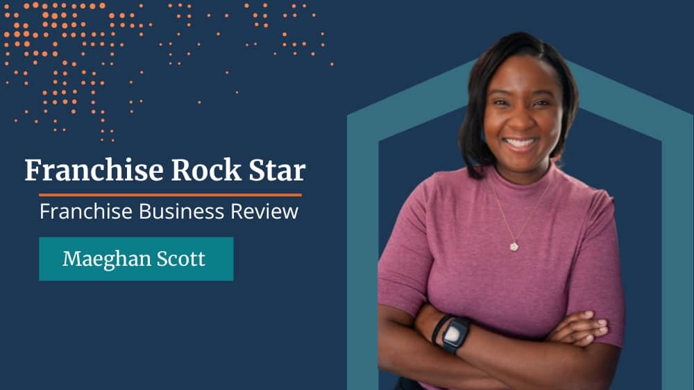 Professional photo of Right at Home franchisee Maeghan Scott  standing next to a Franchise Business Review 2025 Franchise Rock Star Award badge