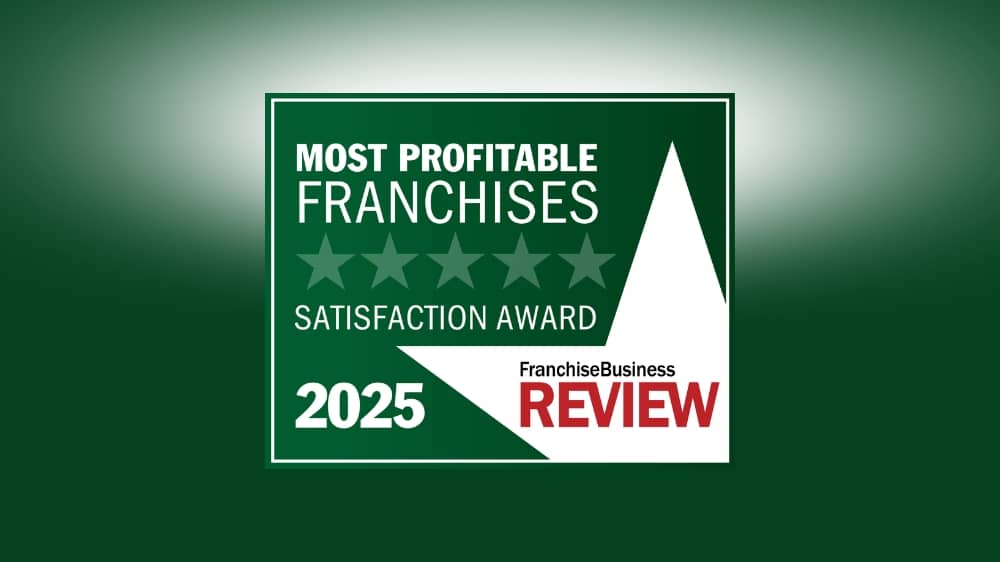 Franchise Business Review 2025 Most Profitable Franchises award badge on a green background.