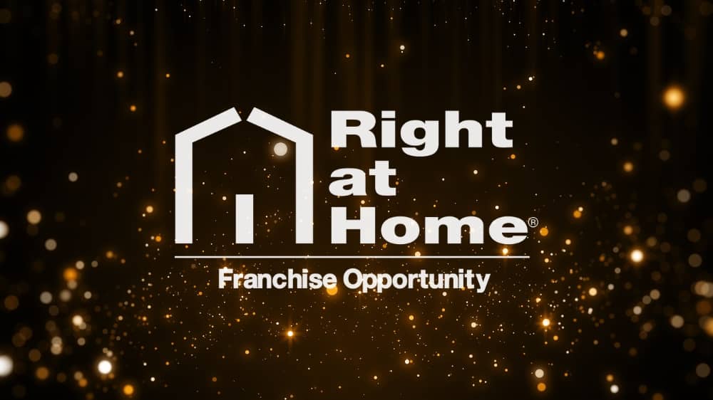 White Right at Home logo on a black background with gold sparkles shining in the background