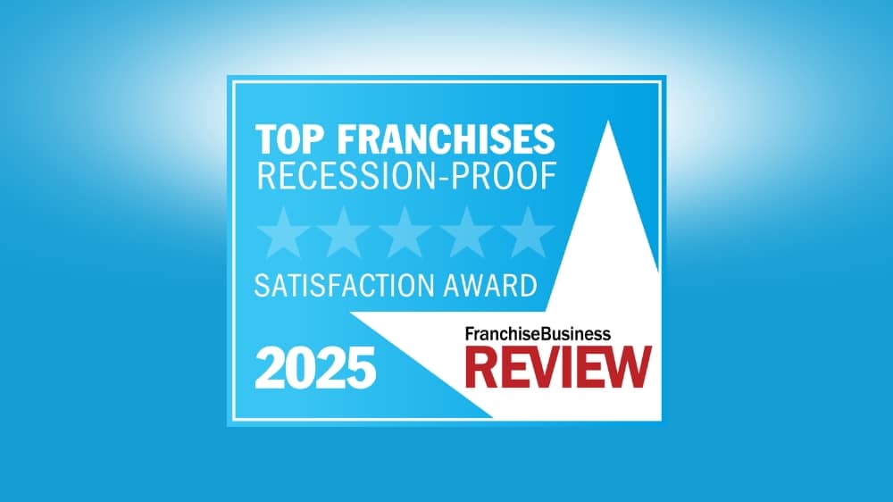 Franchise Business Review 2025 Top Recession Proof Franchises award badge on a blue background.