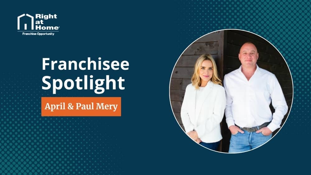 Right at Home franchise owner, April and Paul Mery, smiling during an interview with 1851 Franchise