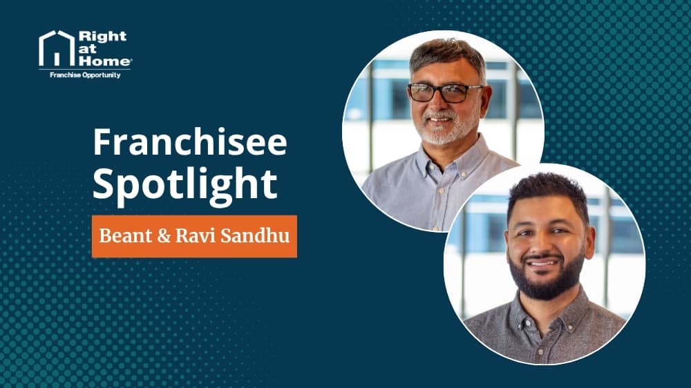 Right at Home franchise owner, Beant and Ravi Sandhu, smiling during an interview with 1851 Franchise