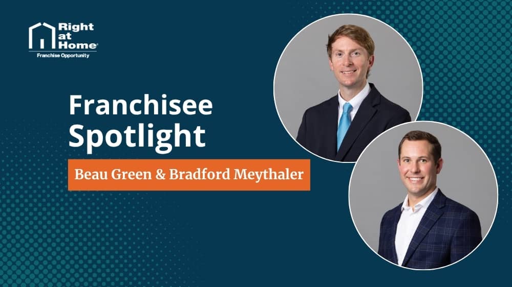 Right at Home franchise owner, Beau Green and Bradford Meythaler, smiling during an interview with 1851 Franchise
