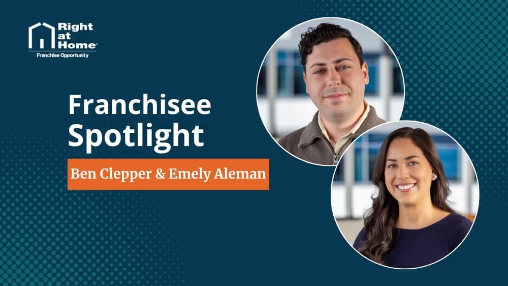 Right at Home franchise owner, Ben Clepper and Emily Aleman, smiling during an interview with 1851 Franchise