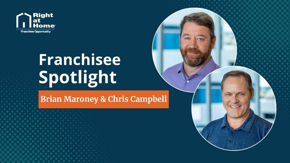 Right at Home franchise owner, Brian Maroney and Chris Campbell, smiling during an interview with 1851 Franchise