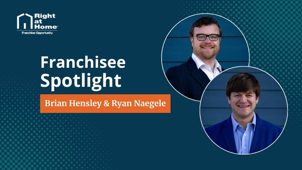 Right at Home franchise owner, Brian Hensley and Ryan Naegele, smiling during an interview with 1851 Franchise