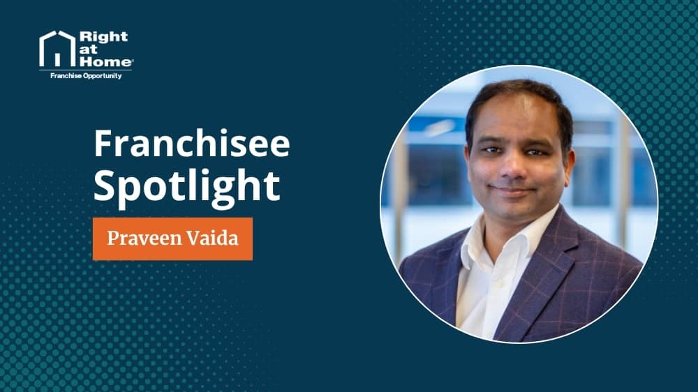 Right at Home franchise owner, Praveen Vaida, smiling during an interview with 1851 Franchise
