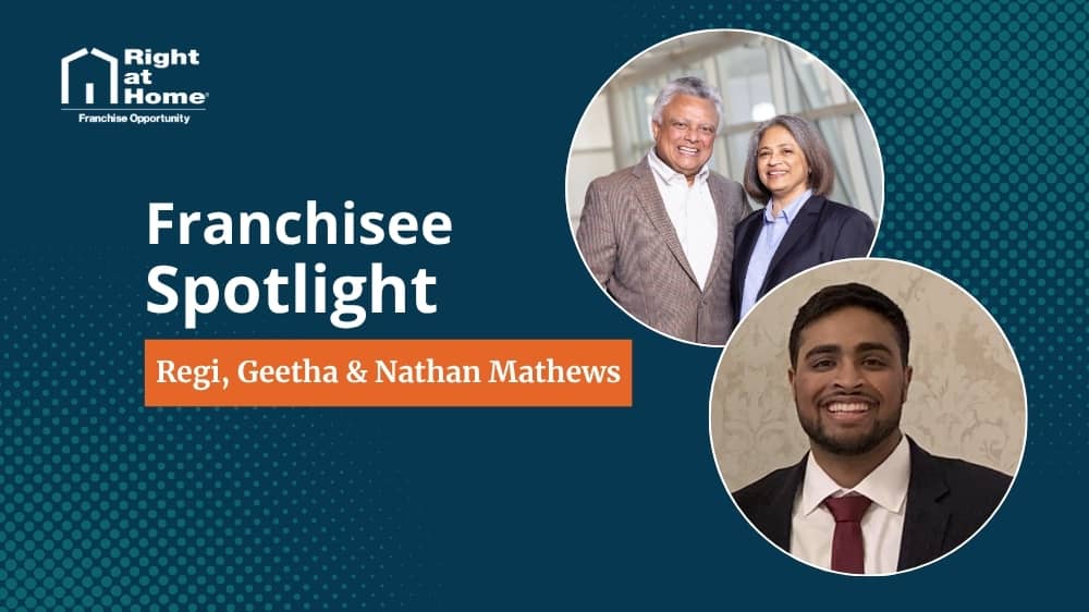 Right at Home franchise owner, Regi and Geetha Mathews, smiling during an interview with 1851 Franchise