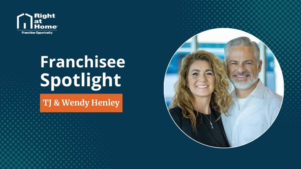 Right at Home franchise owner, TJ and Wendy Henley, smiling during an interview with 1851 Franchise