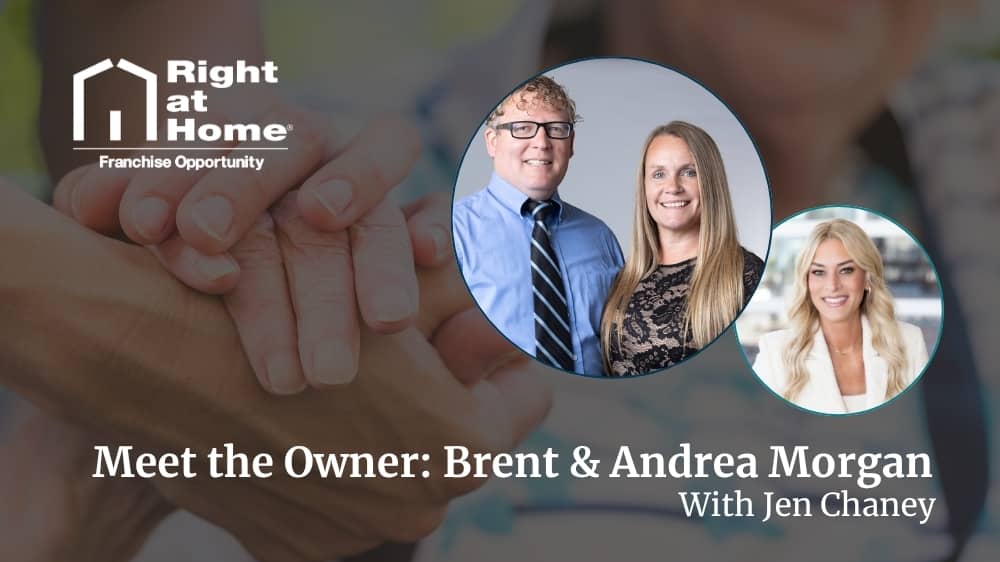 Right at Home franchise owners, Brent and Andrea Morgan, smiling during an interview with VP of Franchise Development, Jen Chaney