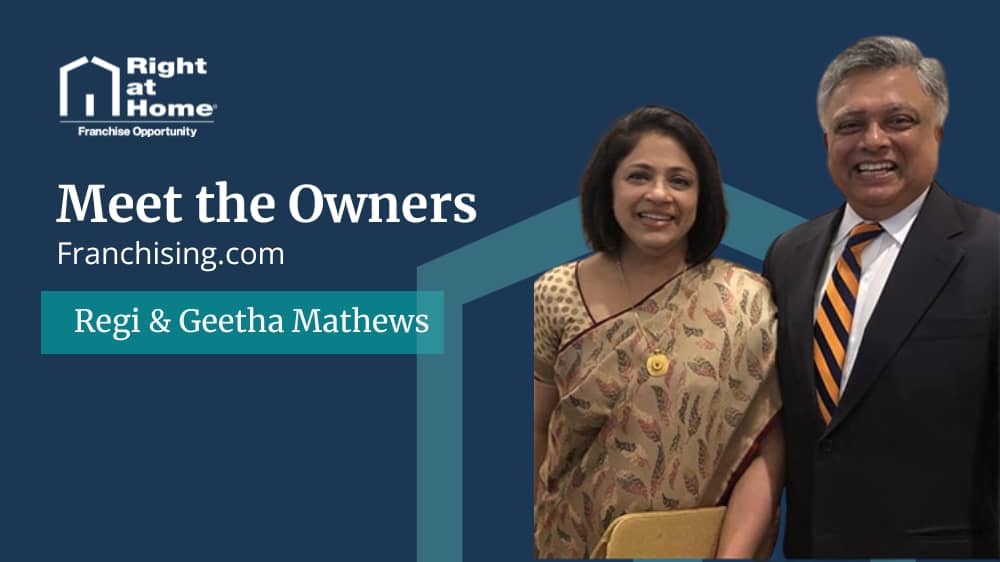 Right at Home franchise owners, Regi and Geetha Mathews, smiling during an interview with Franchising.com