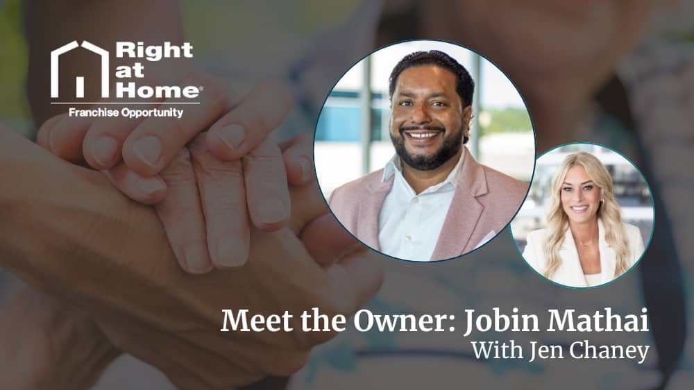 Right at Home franchise owner, Jobin Mathai, smiling during an interview with VP of Franchise Development, Jen Chaney