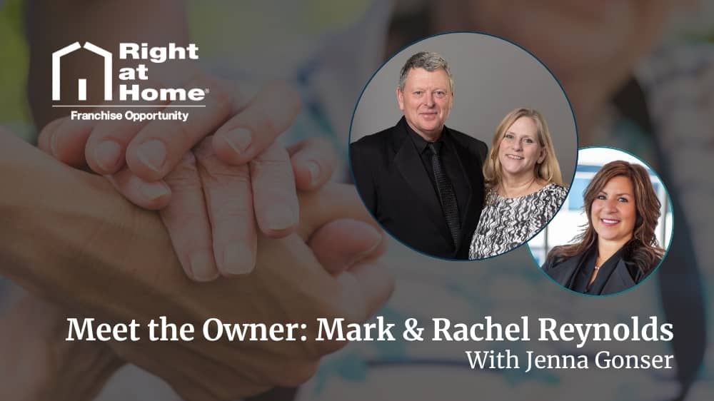 Right at Home franchise owners, Mark and Rachel Reynolds, smiling during an interview with Development Director, Jenna Gonser