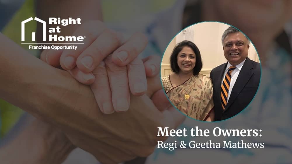 Right at Home franchise owners, Regi and Geetha Mathews, smiling during an interview about their franchise journey