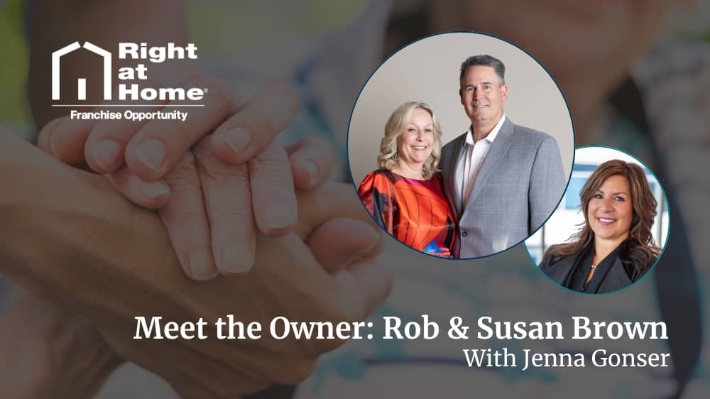 Right at Home franchise owners, Rob and Susan Brown, smiling during an interview with Development Director, Jenna Gonser