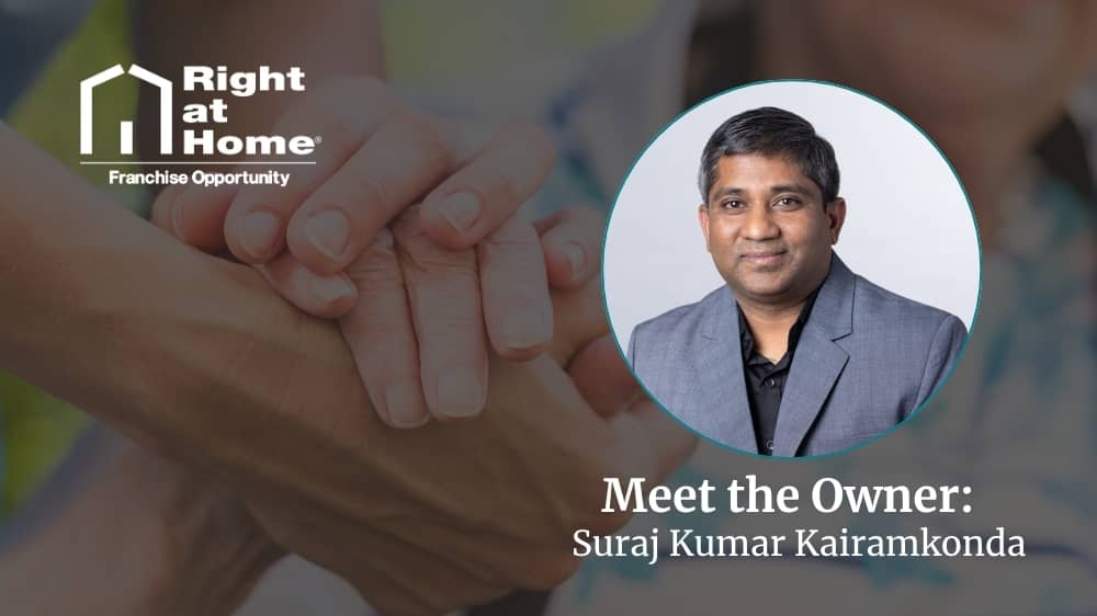 Right at Home franchise owner, Suraj Kairamonkonda, smiling during an interview about his franchise journey