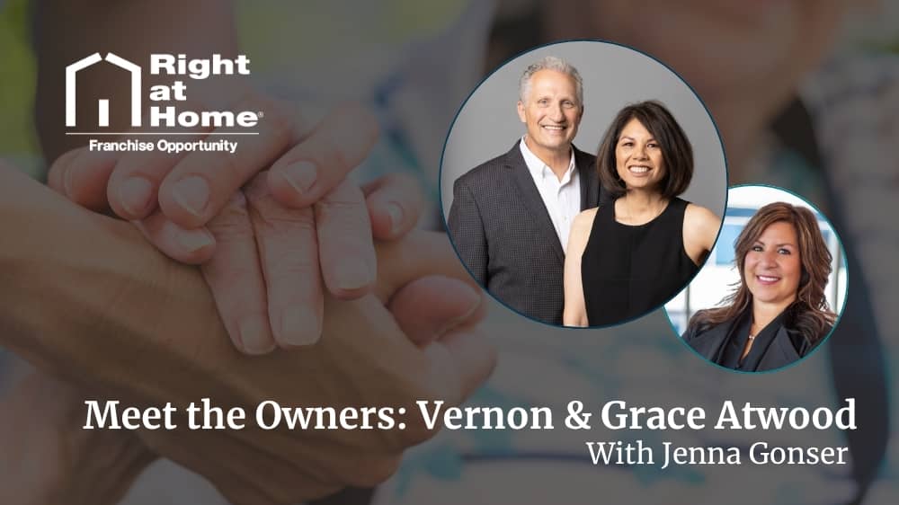Right at Home franchise owners, Vernon and Grace Atwood, smiling during an interview with Jenna Gonser