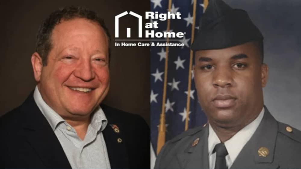 Two headshots of veteran franchisees side-by-side with a white Right at Home logo in the middle