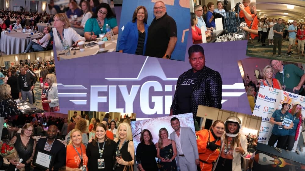 Collage of multiple photos from Right at Home's 2023 Home Improvement Conference which displays groups of franchisees chatting at tables