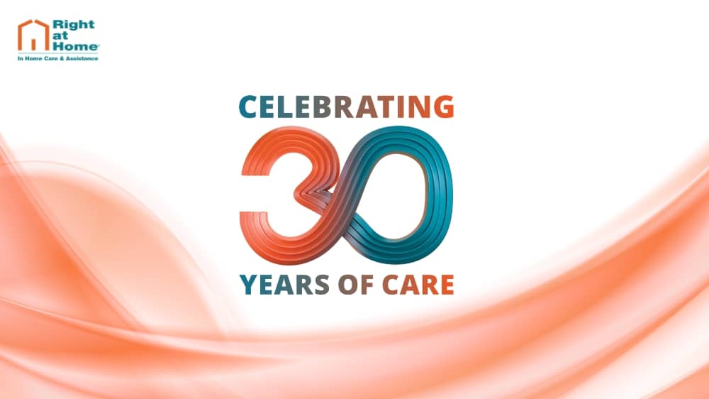 Right at Home's Celebrating 30 years of care logo against a white background