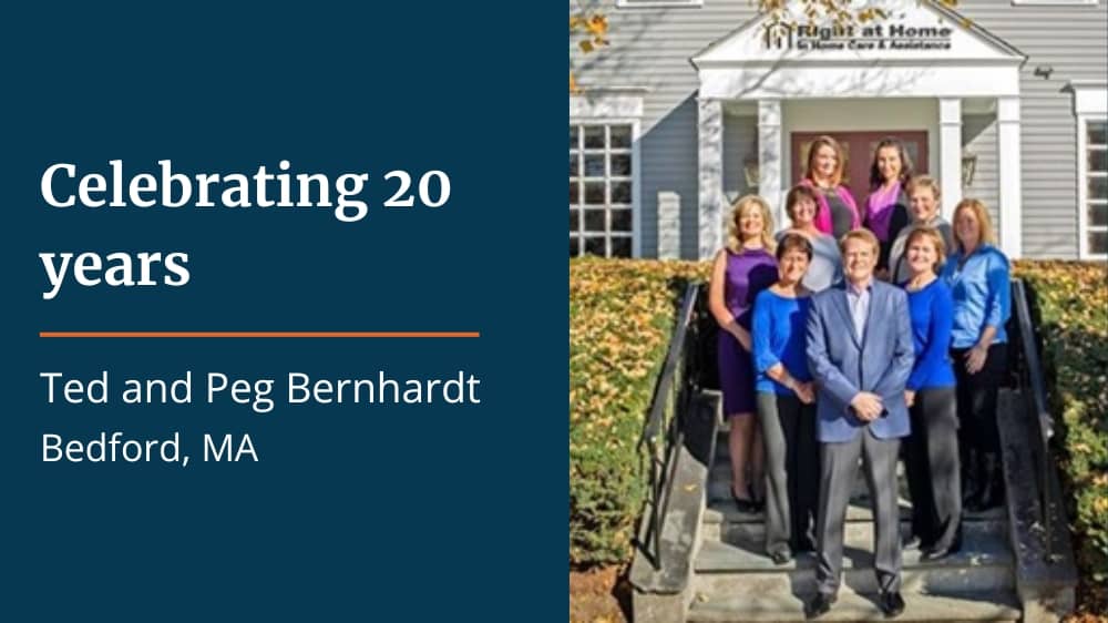 Right at Home Franchisees, Ted and Peg Bernhardt, standing on poarch steps with their team of office staff and caregivers next to text that says "Celebrating 20 years."