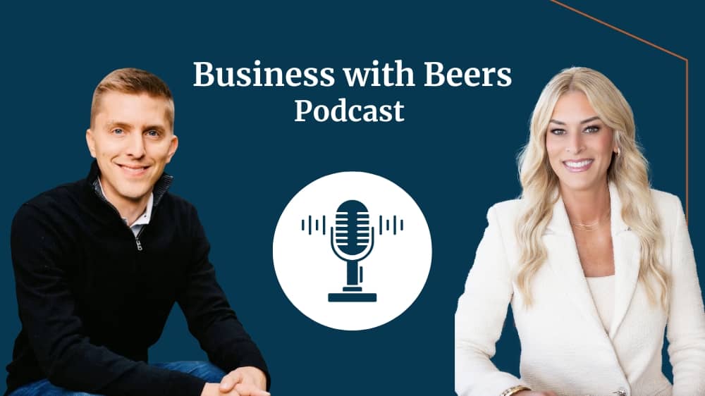 VP of Franchise Development, Jen Chaney, next to the host of Business with Beers podcast, Brian Beers, and a microphone icon