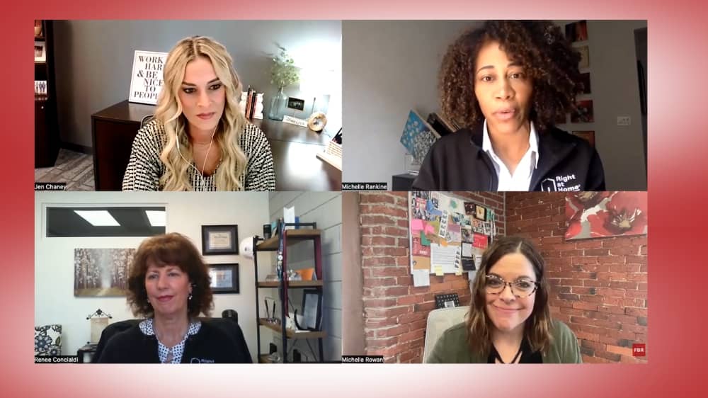Screenshot of a Zoom Webinar hosted by Franchise Business Review displaying Jen Chaney, Michelle Rankine, and Renee Concialdi