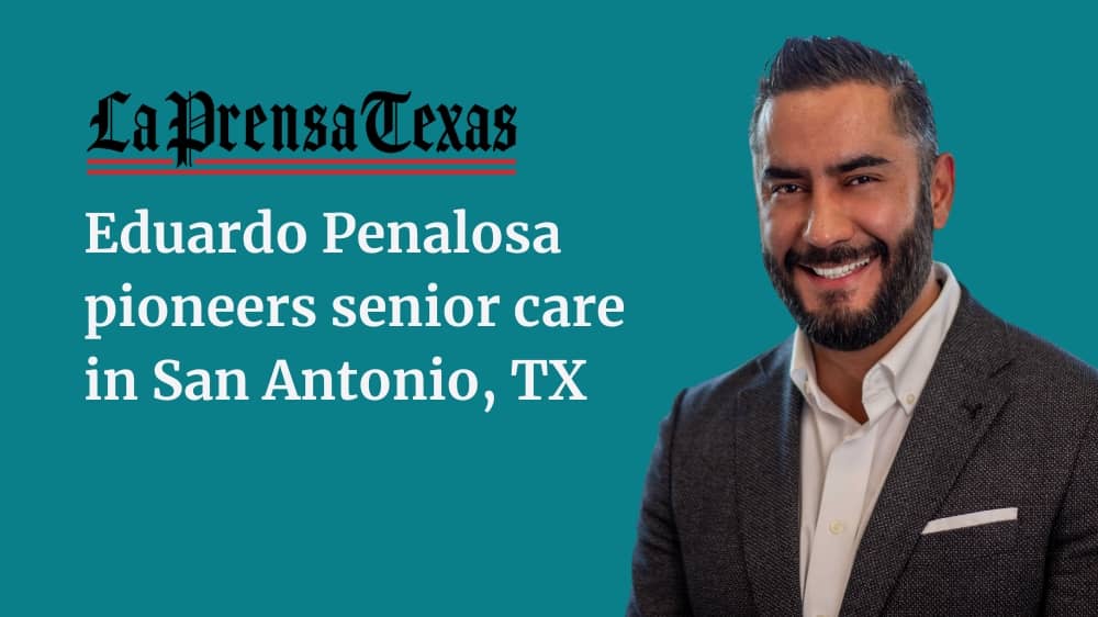 Right at Home franchisee Eduardo Penalosa standing in front of a blue background with text that says "Eduardo Penalosa pioneers senior care in San Antonio
