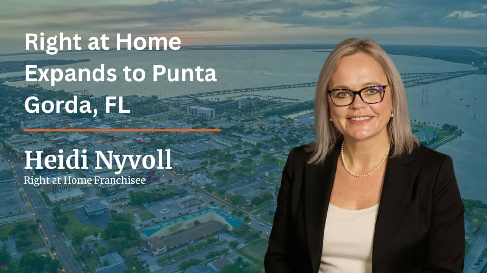 Headshot of Right at Home franchisee Heidi Nyvoll in front of an ariel photo of Punta Gorda, Florida