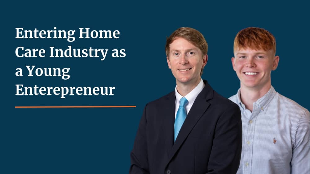 Two male Right at Home franchsiees standing in front of a navy background with text that says "Entering Home Care Industry as a Young Entrepreneur."