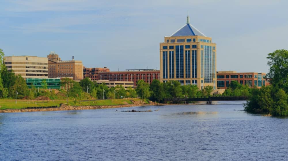 River with city scape in the backgroun in Wausau, Wisconsin