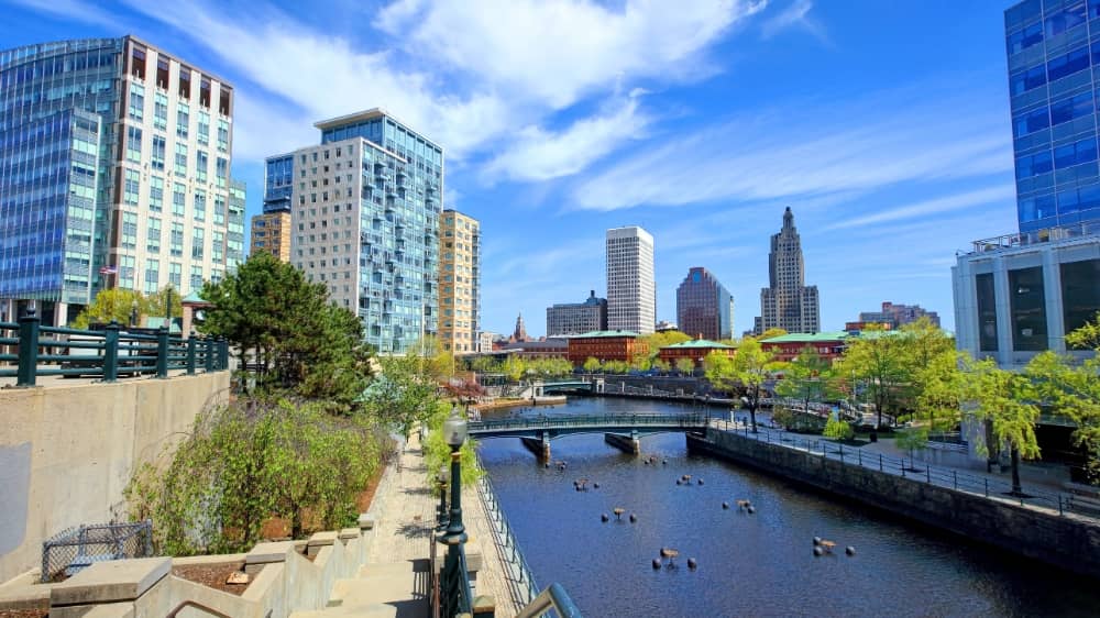 River with a bridge going over it and cities on either side in Providence-Warwick, Rhode Island