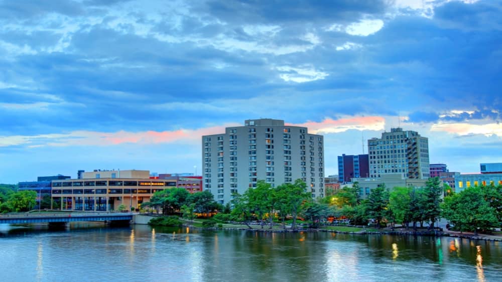 City buildings against a cloudy blue sky in Rockford, Illinois