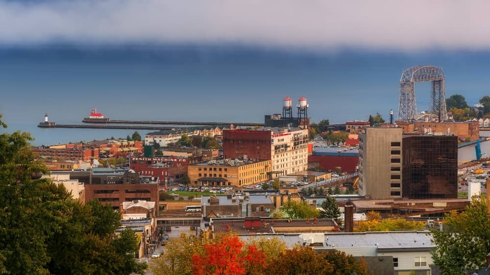 Ariel view of buildings and neighborhoods in Superior, Wisconsin 