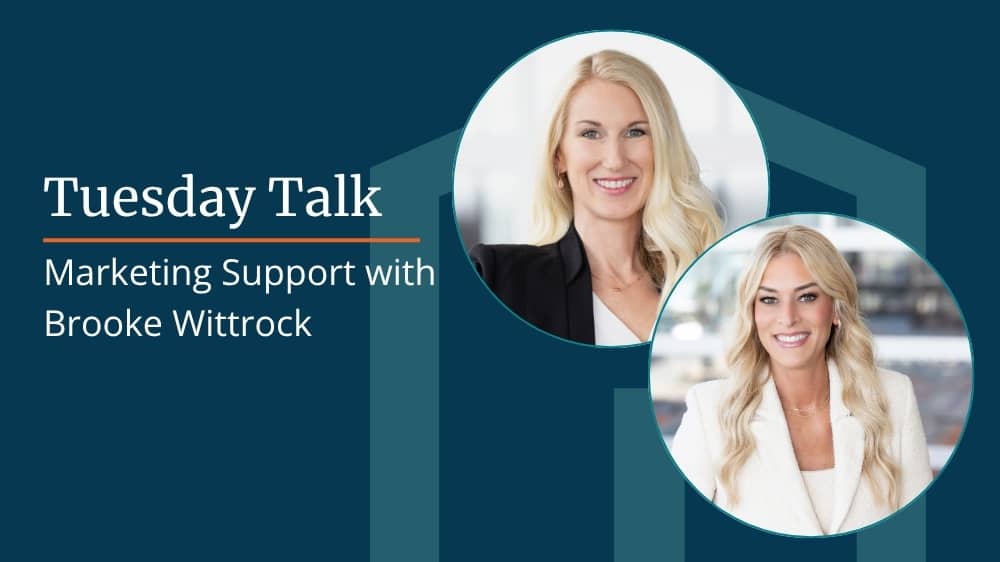Image with the text “Tuesday Talk: Marketing Support with Brooke Wittrock” and two professional headshots side by side.