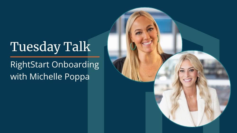 Image with the text “Tuesday Talk: Right Start Onboarding with Michelle Poppa” and two professional headshots side by side.