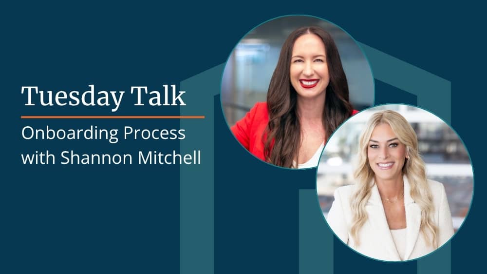 Image with the text “Tuesday Talk: Onboarding Process with Shannon Mitchell” and two professional headshots side by side.